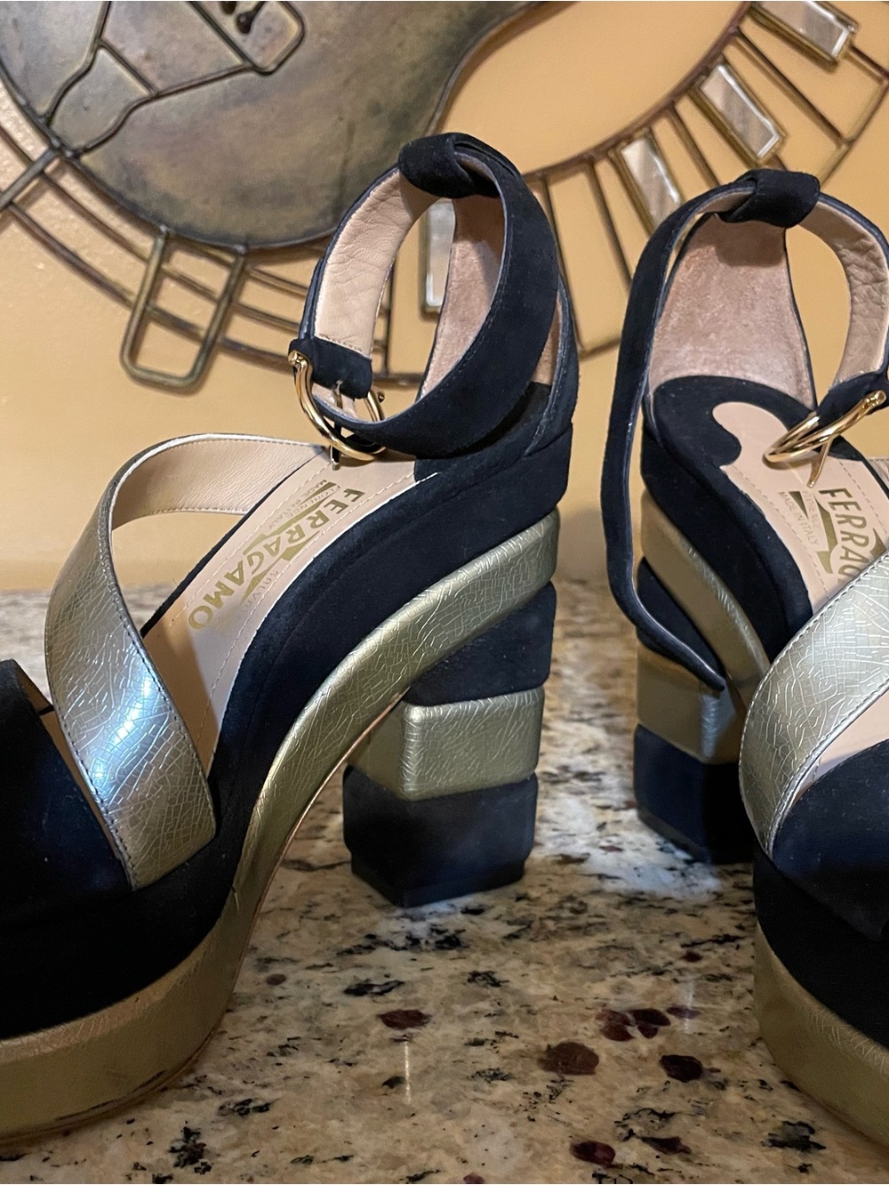 Salvatore Ferragamo Black and Gold Platform Sandals